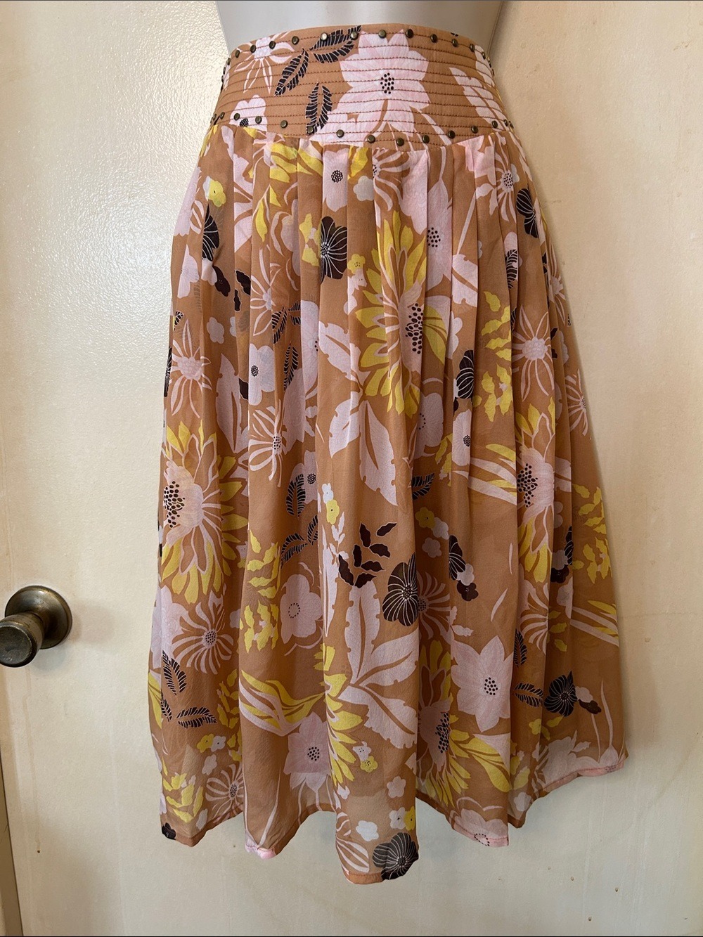 Etcetera Silk Floral Circle Skirt in Tan, Pink & Yellow size 4